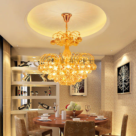 Contemporary 8-Light Chrome/Gold Cascade Chandelier With Crystal Ball Shade 16’/19.5’ Wide