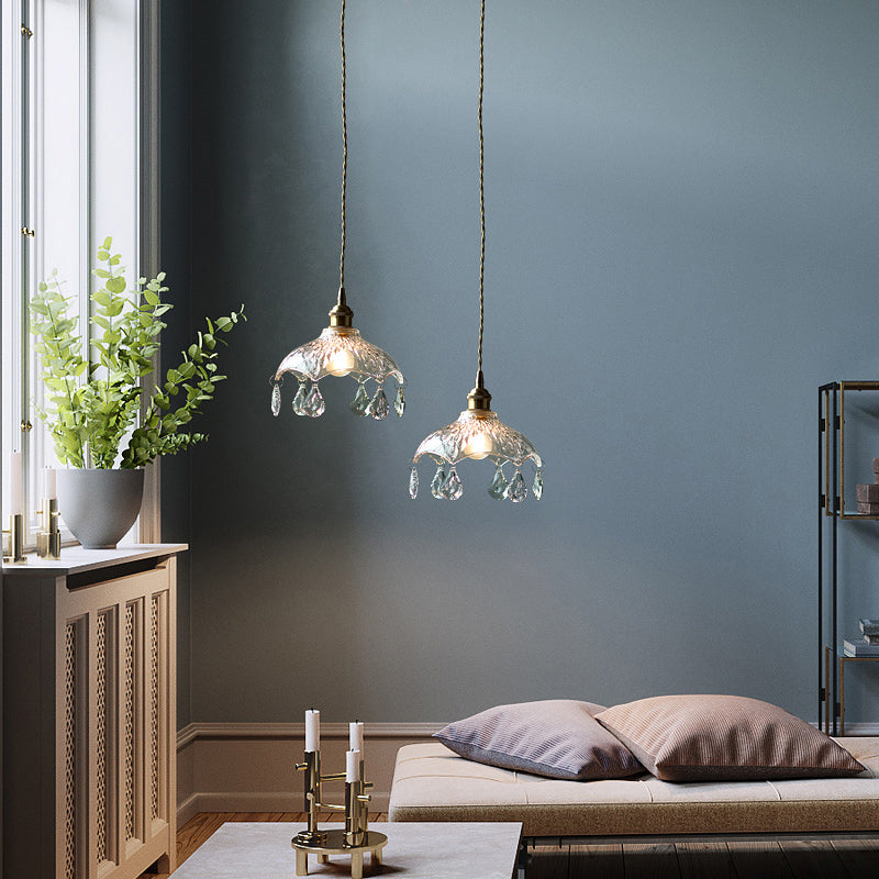 Clear Glass Industrial Pendant Light With Crystal Draping - Elegant Dining Room Ceiling Fixture