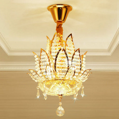 Modern Gold Lotus Crystal Ball Chandelier - 3-Light Hallway Hanging Light