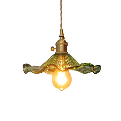 Vintage Lotus Leaf Green Glass Pendant Light- 1-Light Suspension Ceiling Fixture
