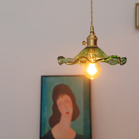 Vintage Lotus Leaf Green Glass Pendant Light- 1-Light Suspension Ceiling Fixture