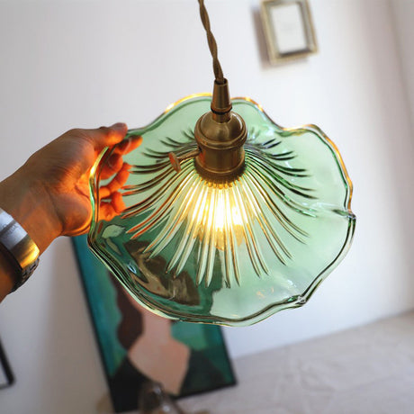 Vintage Lotus Leaf Green Glass Pendant Light- 1-Light Suspension Ceiling Fixture