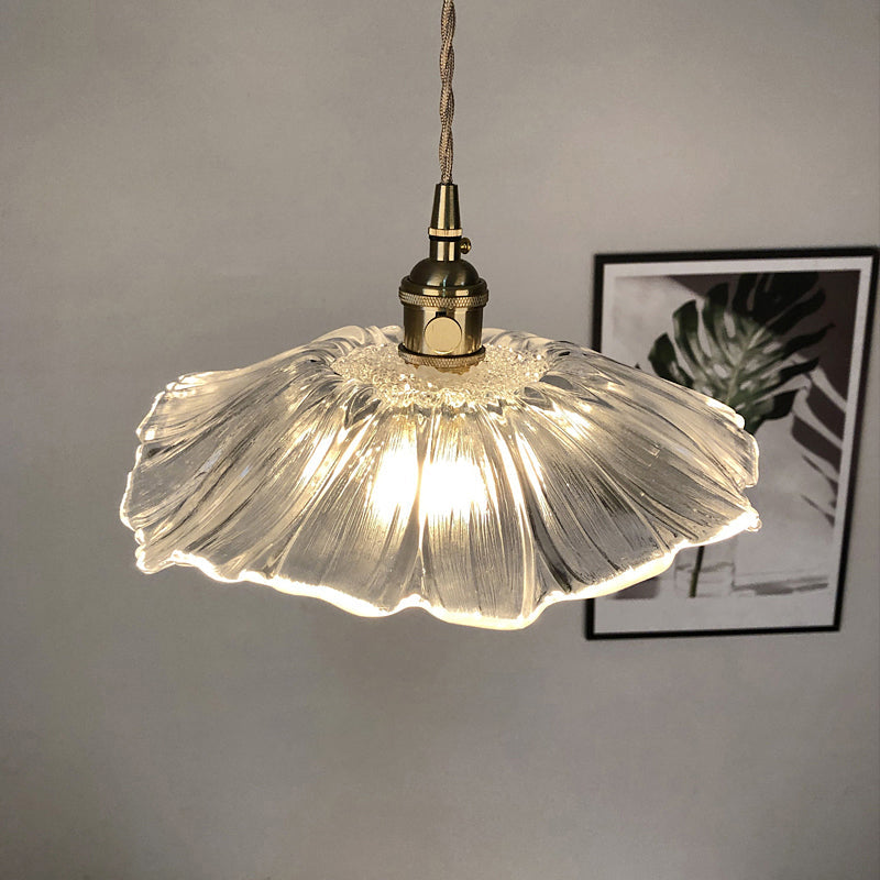 Vintage Floral Hanging Lamp - Ribbed Glass Pendant Light For Restaurants Clear