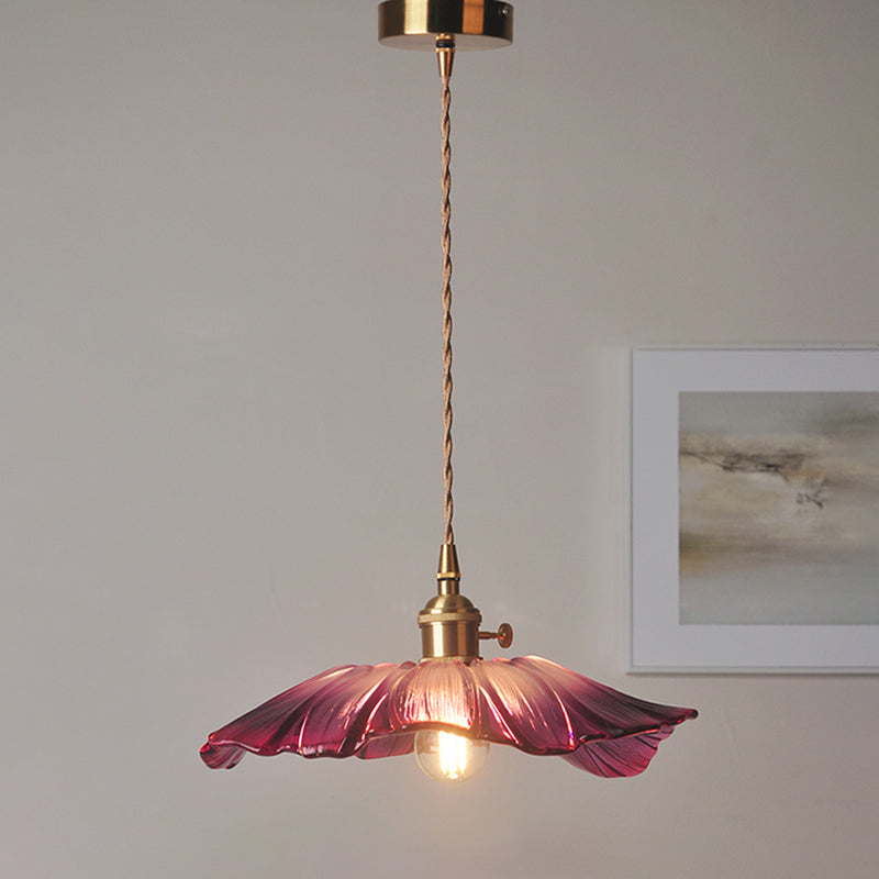 Vintage Floral Hanging Lamp - Ribbed Glass Pendant Light For Restaurants Purple