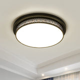 Black Round Led Flush Light - Rustic Acrylic Living Room Ceiling Fixture With Filigree Design /