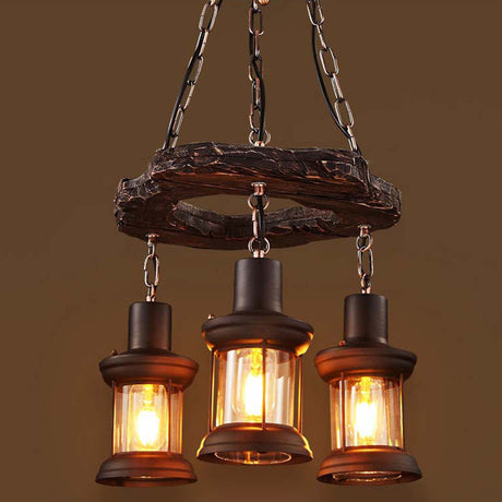 Vintage Distressed Wood Lantern Restaurant Chandelier With Clear Glass Suspension Light 3 /