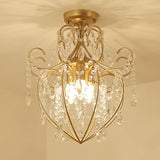 Postmodern Crystal Strand Brass Ceiling Fixture - Curve Arm Semi Flush Mount With 3 Lights