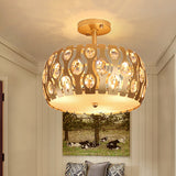 Modern Metal And Crystal Drum Semi Flush Mount With 3 Lights In Gold Finish