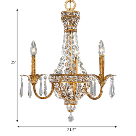 Vintage Gold Pyramid Chandelier With Crystal Accents - 3 Head Suspension Light For Living Room
