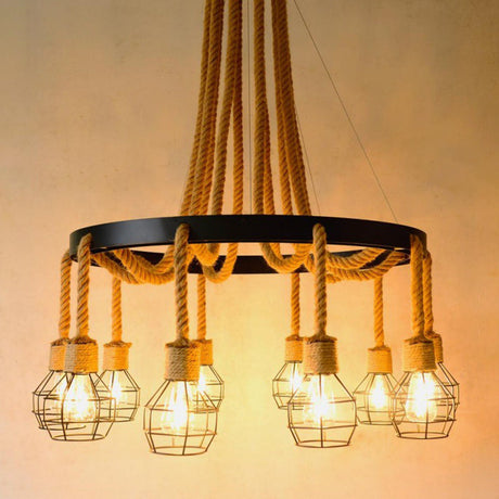 Retro-Style Metallic Ceiling Light With Hemp Rope For Restaurants - Black Grenade Chandelier 10 /