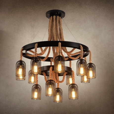 Cylinder Iron Chandelier Light: Vintage Pendant Fixture With Dangling Rope Black Color For