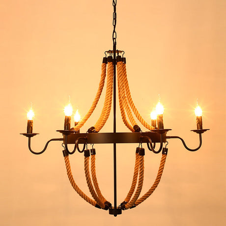 Rustic Hemp Rope Chandelier - Black Dangling Suspension Light For Restaurants 6 / D