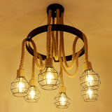 Industrial Black Hemp Rope Chandelier Light Fixture - Circular Iron Ceiling Lighting For Restaurants