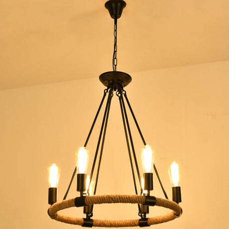 Industrial Black Hemp Rope Chandelier Light Fixture - Circular Iron Ceiling Lighting For Restaurants
