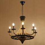 Industrial Black Hemp Rope Chandelier Light Fixture - Circular Iron Ceiling Lighting For Restaurants