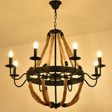 Industrial Black Hemp Rope Chandelier Light Fixture - Circular Iron Ceiling Lighting For Restaurants