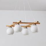 Japanese Wood Sphere Chandelier With Cream Glass & 4 Bulbs - Ideal For Living Rooms