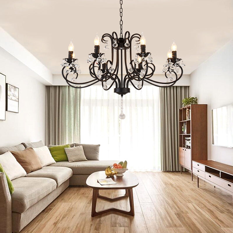Vintage Bent Arm Frame Ceiling Light With Crystal Drop - 6/8 Lights Black Suspension For Living Room