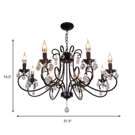 Vintage Bent Arm Frame Ceiling Light With Crystal Drop - 6/8 Lights Black Suspension For Living Room