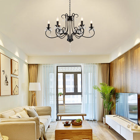 Vintage Bent Arm Frame Ceiling Light With Crystal Drop - 6/8 Lights Black Suspension For Living Room