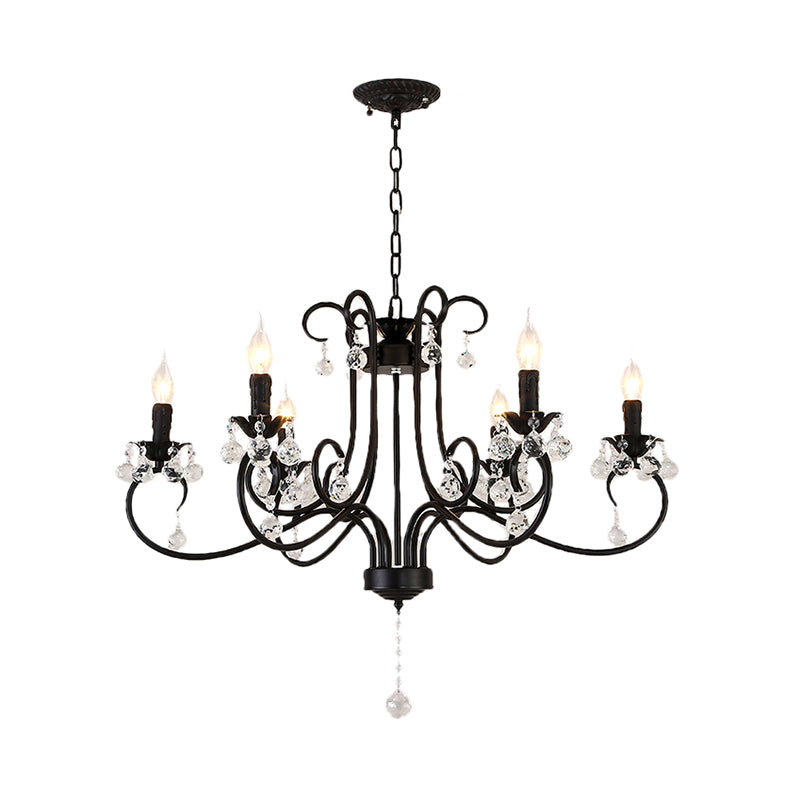 Vintage Bent Arm Frame Ceiling Light With Crystal Drop - 6/8 Lights Black Suspension For Living Room