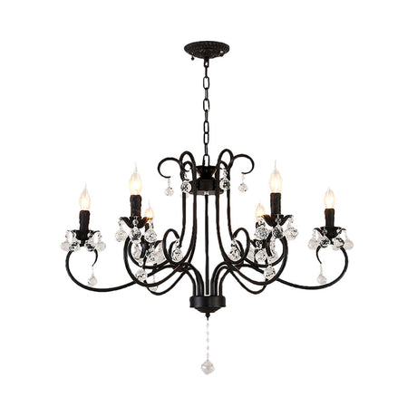 Vintage Bent Arm Frame Ceiling Light With Crystal Drop - 6/8 Lights Black Suspension For Living Room