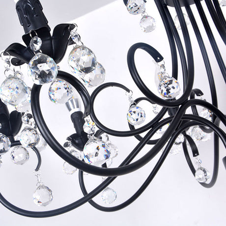 Vintage Bent Arm Frame Ceiling Light With Crystal Drop - 6/8 Lights Black Suspension For Living Room