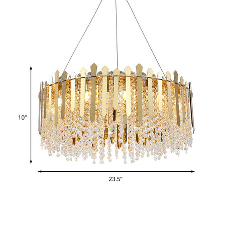 Brass Chandelier With Drum Crystal Shade & 6 Hanging Lights For Living Room