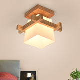 Japanese Wood Square Flush Mount Ceiling Light With White Glass Shade - Ideal For Corridors