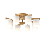 Japanese Semi Flush Mount Chandelier With White Glass Shade And Wooden Canopy