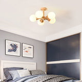 Nordic Style White Glass Bedroom Flush Mount Ceiling Chandelier With Wood Canopy