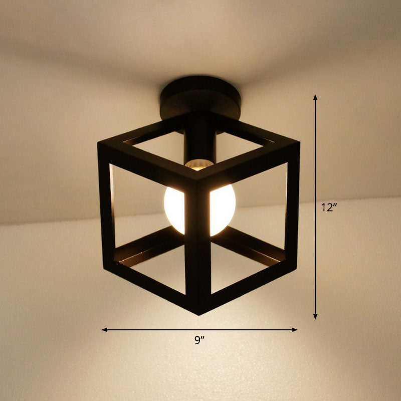 Black Geometric Semi-Flush Mount Ceiling Light With Metallic Antique Finish And Single Bulb For