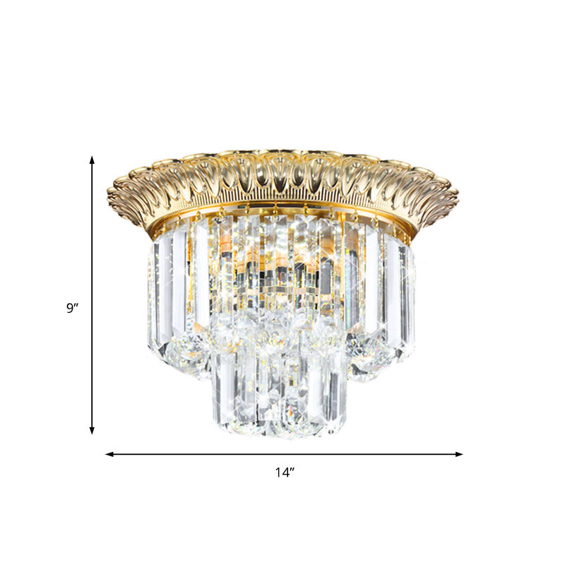 2-Tier Minimalist Crystal Flush Light With Led Golden Indoor Ceiling Lighting 14/16 Diameter