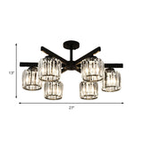 Modern Cylindrical Crystal Semi Flush Ceiling Light With 3/6/8-Head Design - Black Ideal For Living