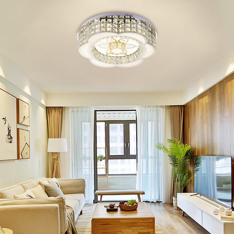 23.5/31.5 Wide Crystal Flush Light Led Ceiling Fixture - Simple Flower Design In Chrome Ideal For