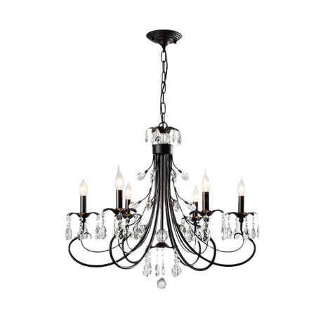 Traditional Iron Candle Chandelier Pendant - 6/8/12 Light Black Hanging With Crystal Drops