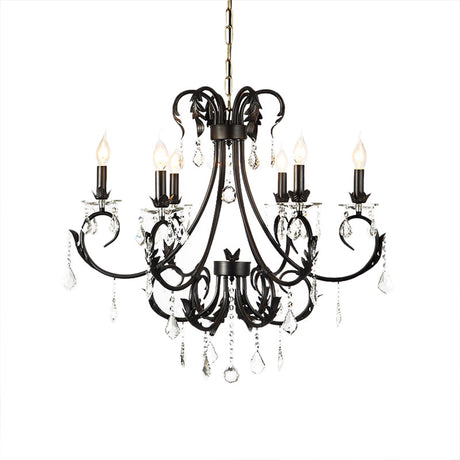Black Metal Chandelier Lamp With Crystal Drops - Traditional Candle Ceiling Pendant (6/8 Lights)