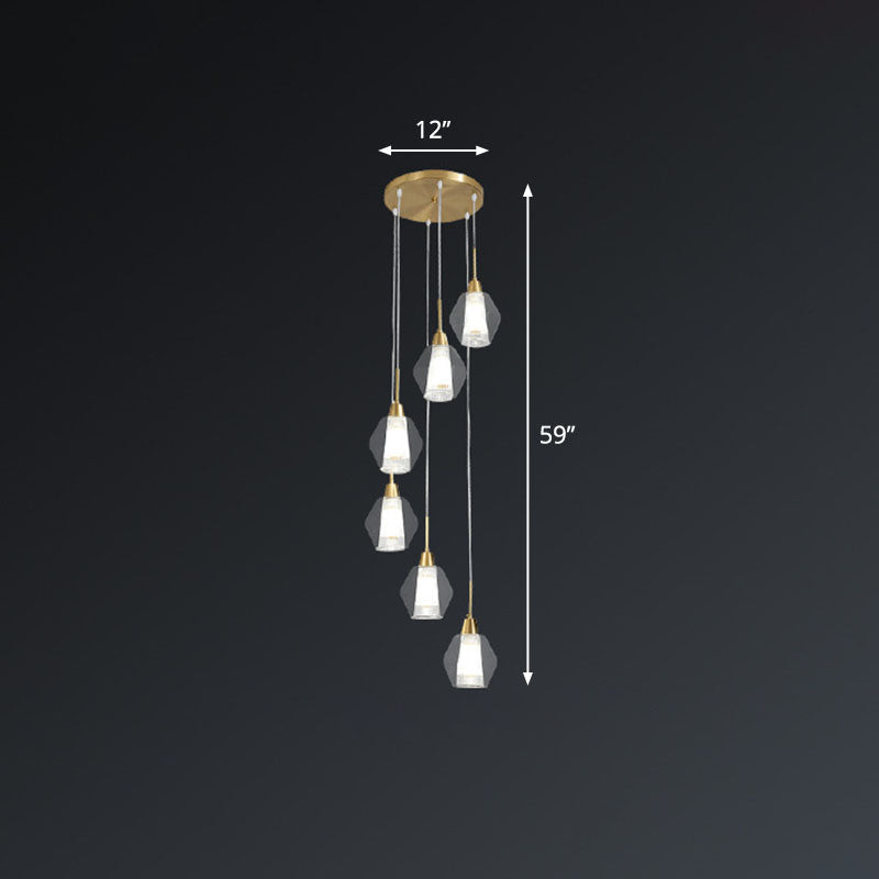 Gold Nordic Suspended Ceiling Light With Clear Handblown Glass Shade For Staircase