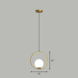 Simple White Glass Pendant Light With Metal Ring - Ball Ceiling Lamp Gold / 12