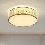Gold Flush Mount Ceiling Lamp With Crystal Drum Shade For Modern Bedrooms