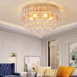 Contemporary Crystal Teardrops Flush Lamp - 5 Light Golden Ceiling Fixture For Living Room