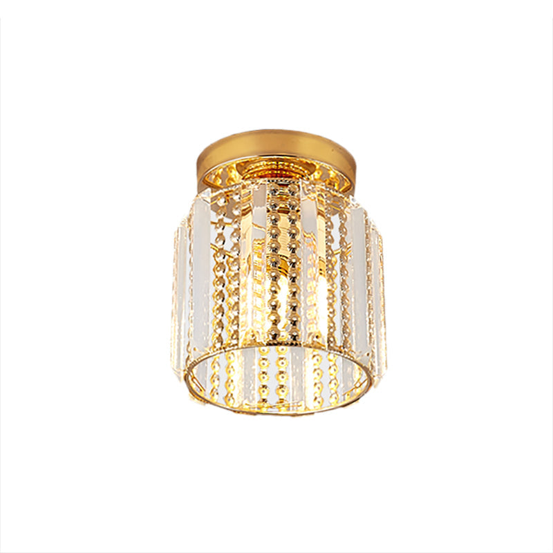 Cylindrical Crystal Mini Flush Lamp - Elegant 1-Light Golden Corridor Ceiling Mounted Light 7 Wide