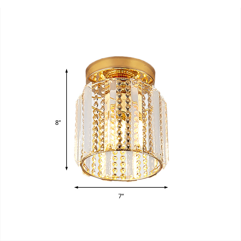 Cylindrical Crystal Mini Flush Lamp - Elegant 1-Light Golden Corridor Ceiling Mounted Light 7 Wide