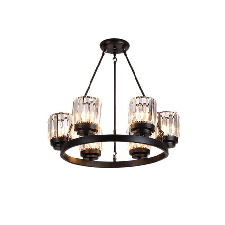 Contemporary Black Bedroom Chandelier With Cylindrical Crystal Shade - 3/6/8 Lights