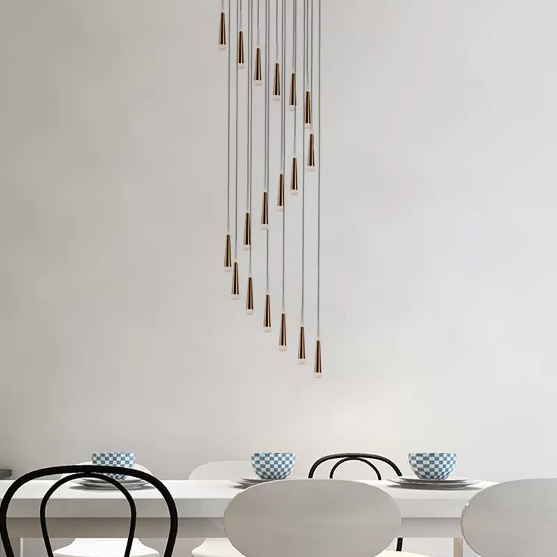 Minimalist Spiral Design Gold Cone Pendant With 19 Bulb Acrylic Stair Multi-Lamp Hanging Light