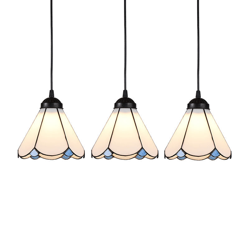 Cone Multi Ceiling Light - 3 Bulbs White Glass Tiffany Style Suspension Lighting