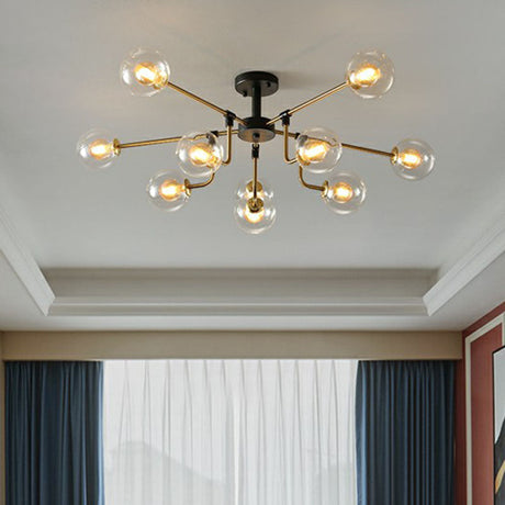 Modern Radial Chandelier With 10 Lights Black And Brass Finish Glass Ball Shades Clear