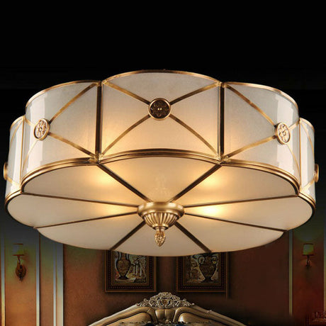 Frosted White Glass Flushmount Flower Ceiling Lamp With X-Brace In Brass - Colonial Style