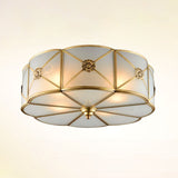 Frosted White Glass Flushmount Flower Ceiling Lamp With X-Brace In Brass - Colonial Style