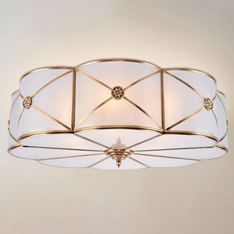 Frosted White Glass Flushmount Flower Ceiling Lamp With X - Brace In Brass - Colonial Style